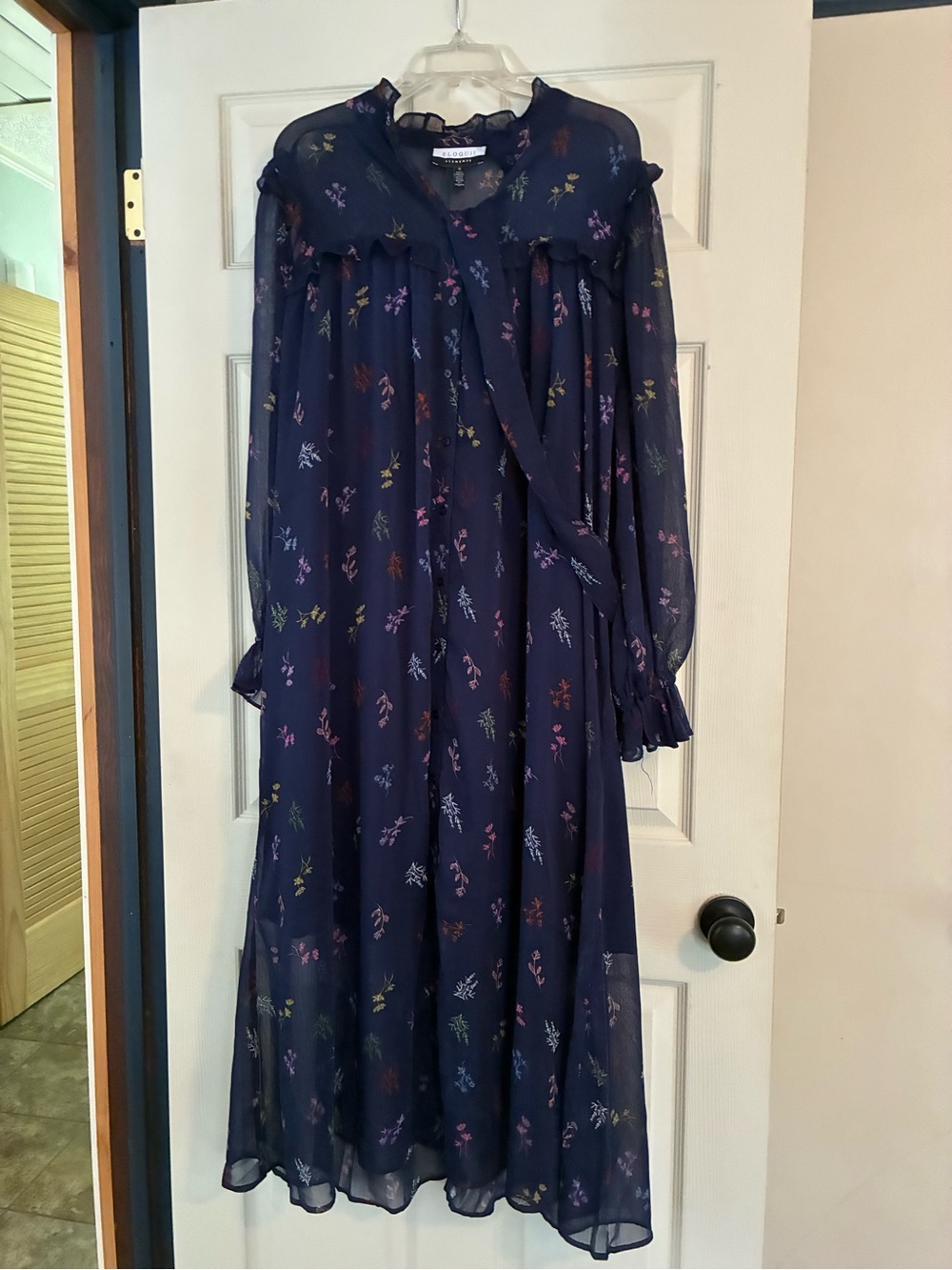 Eloquii Navy Multi-Color Floral Maxi Dress Long Ruffle Sleeves Sz 20